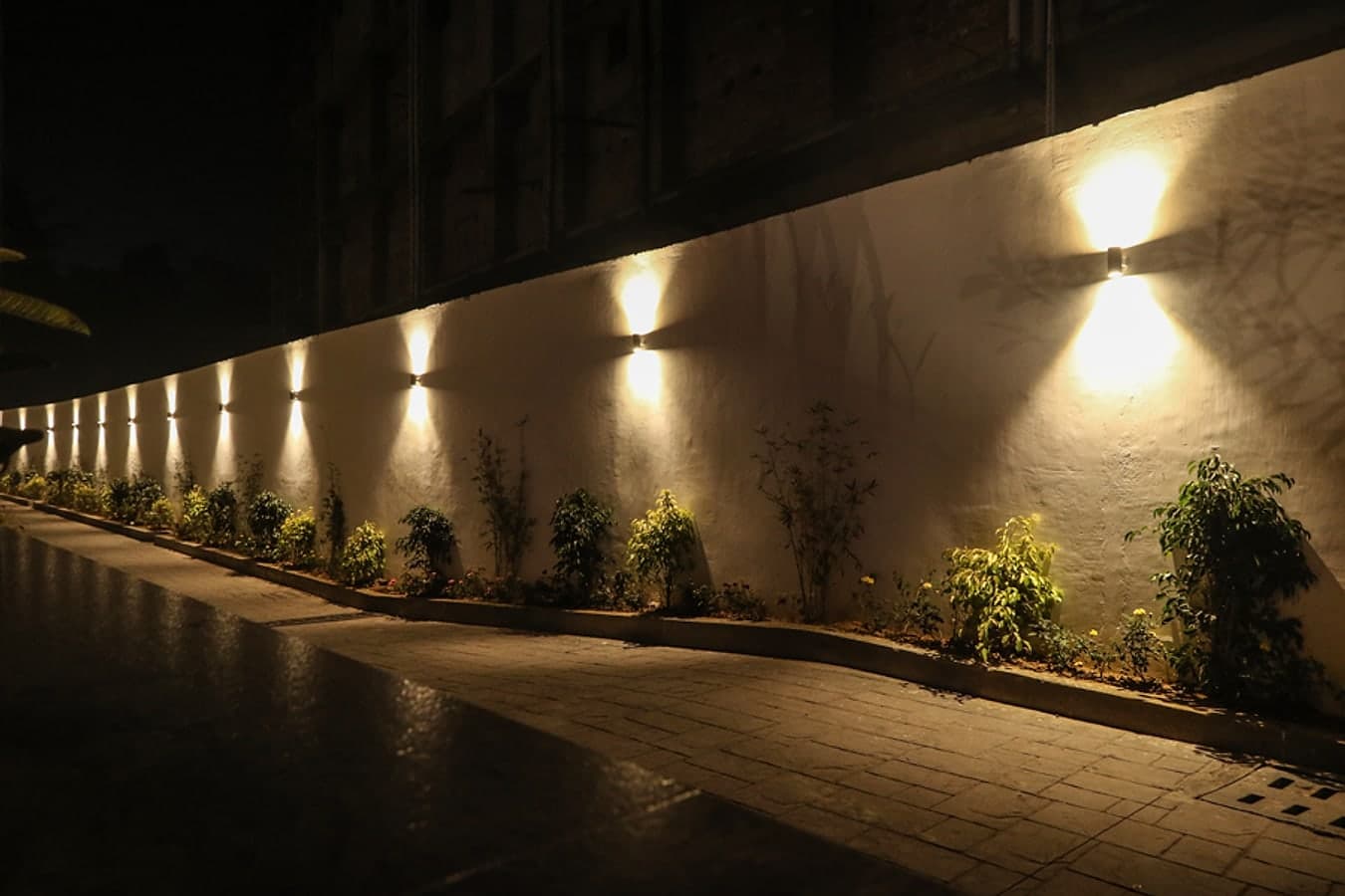 The boundary wall and driveway after dark